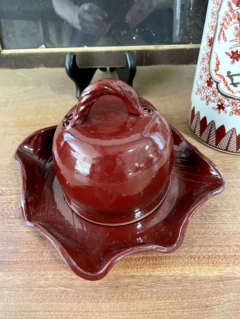 Vintage Handmade Studio Pottery Lidded Dish Deep Red Glaze Signed Artisan